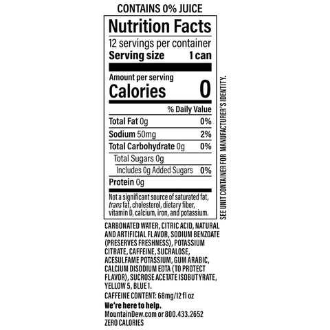 Product Summary: Mountain Dew Baja Blast Zero Sugar 12oz 12pk