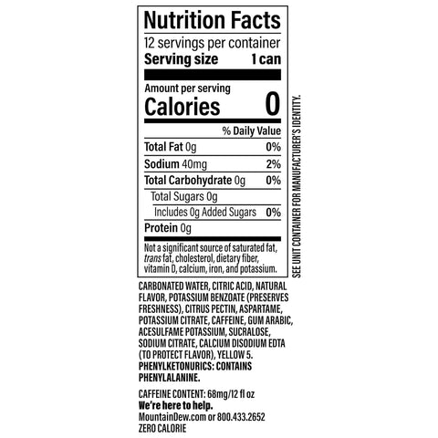 Product Summary: Mountain Dew Zero Sugar Soda, 12oz Cans (12 Pack)