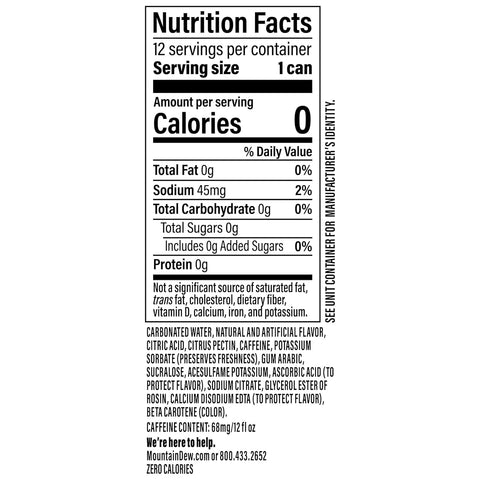 Product Summary: Mountain Dew Zero Sugar Soda Pop, Dirty Mountain Dew, Cream Soda Dew, 12 fl oz Cans, (12 Pack), Zero Calories, Zero Sugar