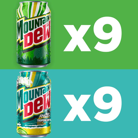Product Summary: Mountain Dew Soda, 2 Flavor Baja Blast Variety Pack (Baja Blast, Original Dew), 12 Fl Oz Cans (Pack of 18)