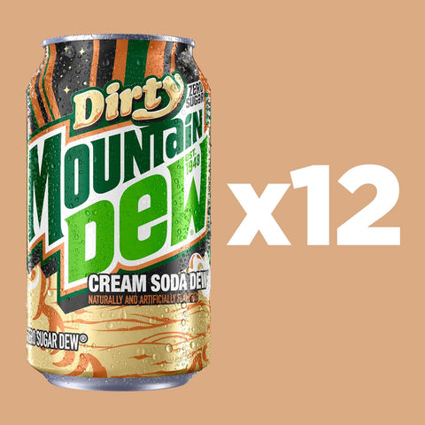 Product Summary: Mountain Dew Zero Sugar Soda Pop, Dirty Mountain Dew, Cream Soda Dew, 12 fl oz Cans, (12 Pack), Zero Calories, Zero Sugar