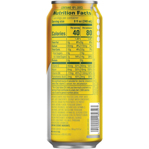 Product Summary: Mountain Dew Kickstart, Pineapple Orange Mango, 90mg Caffeine, Vitamins B & C, 80 Calories, 10% Juice, 16 fl oz (Pack of 12)