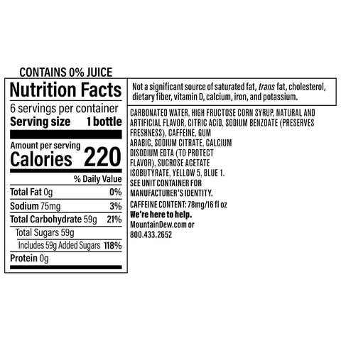 Product Summary: Mountain Dew Baja Blast Soda, 16.9oz Bottles, 6 pack