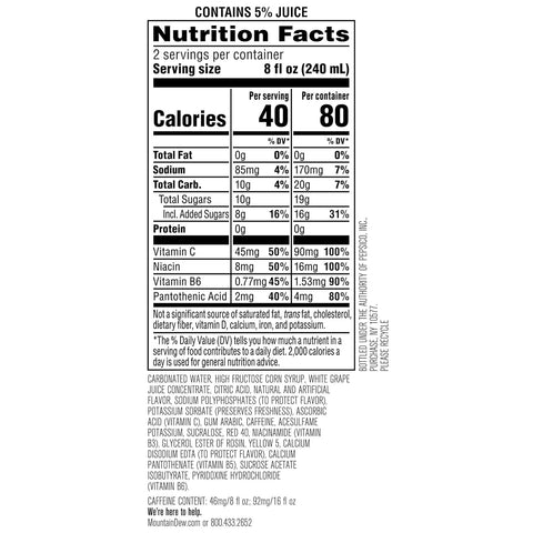 Product Summary: Mountain Dew Kickstart, Fruit Punch, 92mg Caffeine, Vitamins B & C, 80 Calories, 5% Juice, 16 fl oz (12 Count)