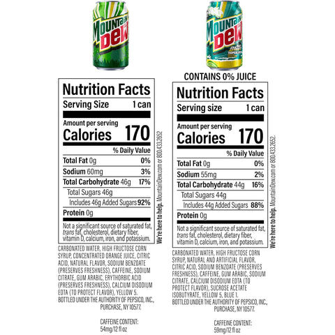 Product Summary: Mountain Dew Soda, 2 Flavor Baja Blast Variety Pack (Baja Blast, Original Dew), 12 Fl Oz Cans (Pack of 18)