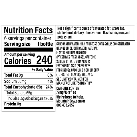 Product Summary: Mountain Dew, 16.9 Fl Oz Bottles, 6 Pack
