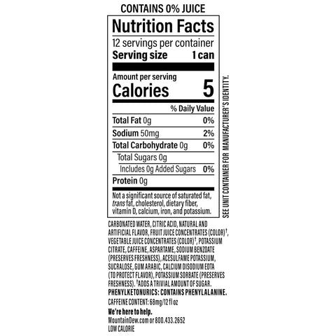 Product Summary: Mountain Dew, Baja Cabo Citrus Zero Sugar 12 Fl Oz Cans (Pack of 12)