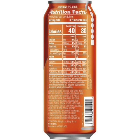 Product Summary: Mountain Dew Kickstart, Orange Citrus, 92mg Caffeine, Vitamins B & C, 80 Calories, 5% Juice, 16 Fl Oz (Pack of 12)