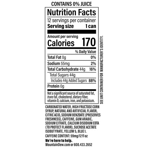 Product Summary: Mountain Dew Baja Blast Cans, 12 oz Cans, 12 Count