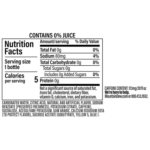 Product Summary: Mountain Dew Baja Blast Zero Sugar 20oz