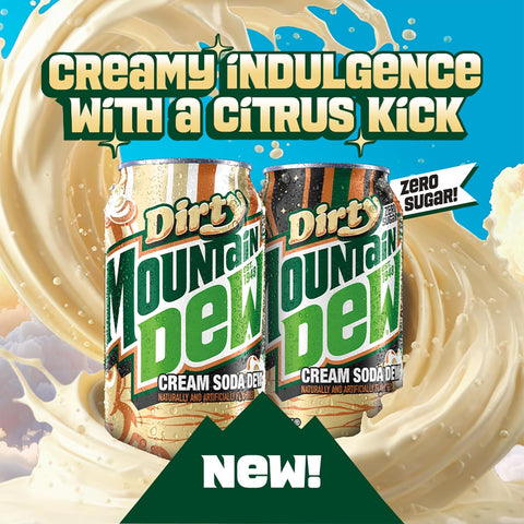 Product Summary: Mountain Dew Soda Pop, Dirty Mountain Dew, Cream Soda Dew, 12 fl oz Cans, (12 Pack)