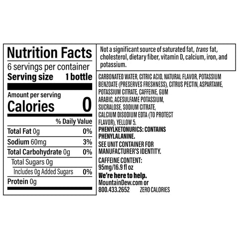 Product Summary: Mountain Dew Zero, 16.9 Fl Oz Bottles, 6 Pack