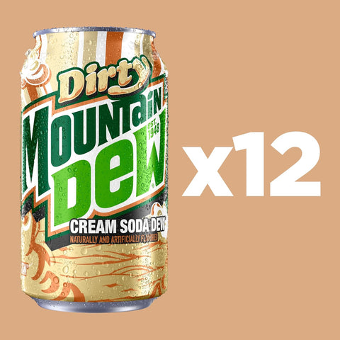 Product Summary: Mountain Dew Soda Pop, Dirty Mountain Dew, Cream Soda Dew, 12 fl oz Cans, (12 Pack)
