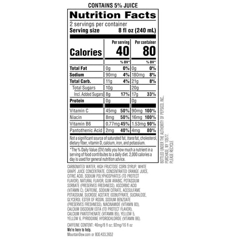 Product Summary: Mountain Dew Kickstart, Orange Citrus, 92mg Caffeine, Vitamins B & C, 80 Calories, 5% Juice, 16 Fl Oz (Pack of 12)