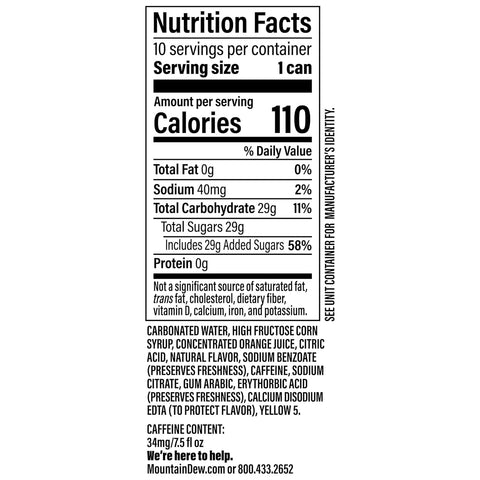 Product Summary: Mountain Dew Soda, 7.5 Fl Oz Mini Cans (Pack of 10)