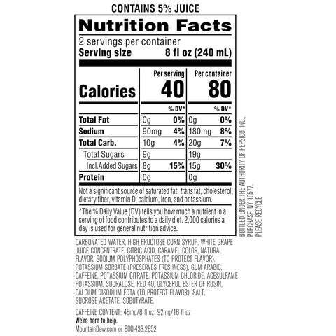 Product Summary: Mountain Dew Kickstart, Black Cherry, 92mg Caffeine, Vitamins B & C, 80 Calories, 5% Juice, 16 fl oz (12 Count)