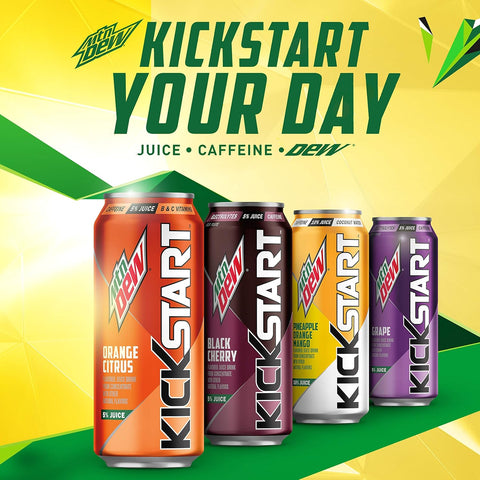 Product Summary: Mountain Dew Kickstart, Black Cherry, 92mg Caffeine, Vitamins B & C, 80 Calories, 5% Juice, 16 fl oz (12 Count)